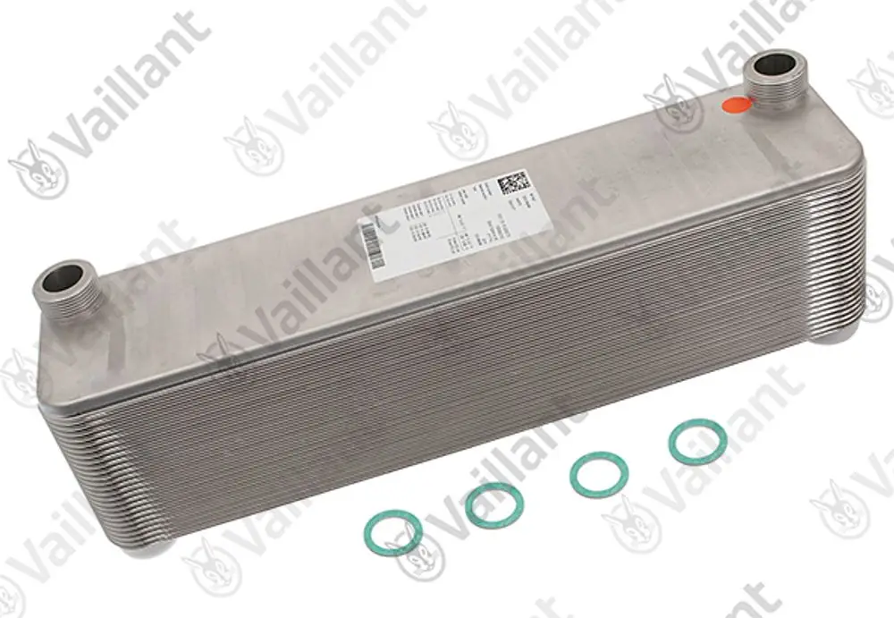 Wärmetauscher von Vaillant mit gerippter Oberfläche und zwei Anschlussöffnungen, begleitet von drei Dichtungen.